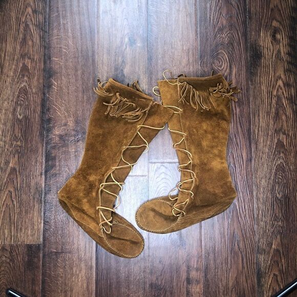 Minnetonka Vintage Fringe Tall Lace Boots Suede 10 Knee High Native Brown Tan - Picture 3 of 9